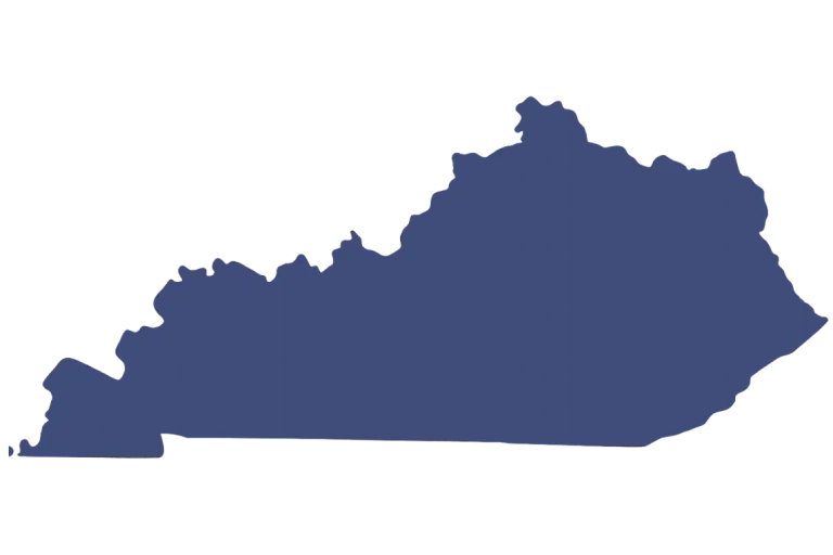 Blue silhouette of the state of Kentucky on a black background.