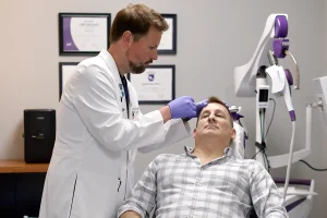 Doctor examines a man's forehead in a medical office.