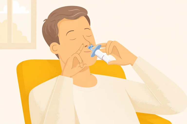 Person using a nasal spray while sitting in a yellow chair near a window.